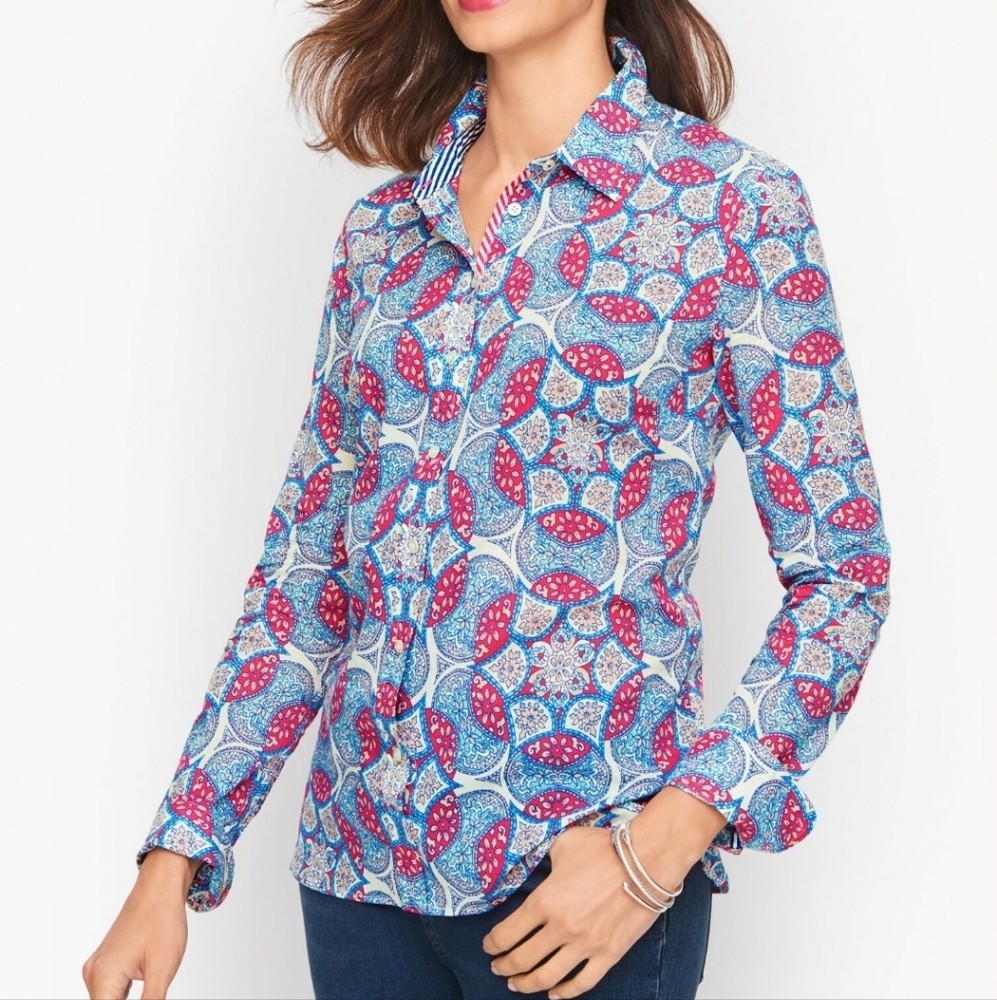 Talbots Garden Medallion Button-Up Shirt Medium pink blue white